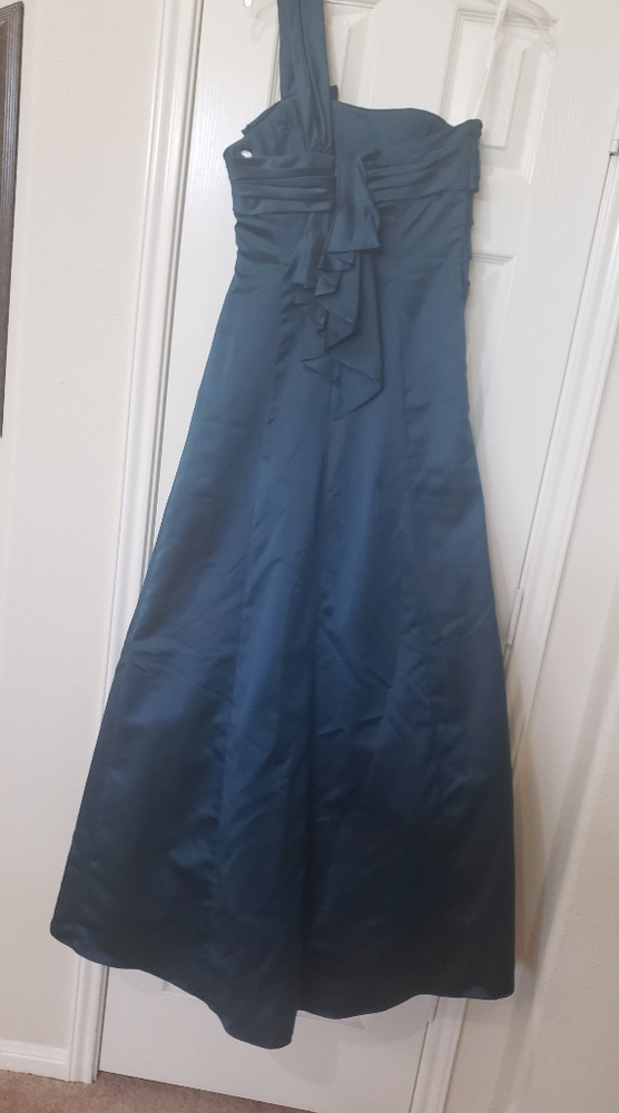 David's Bridal 8 teal satin one shoulder gown 3d ribbon adornments ruched - Picture 8 of 12
